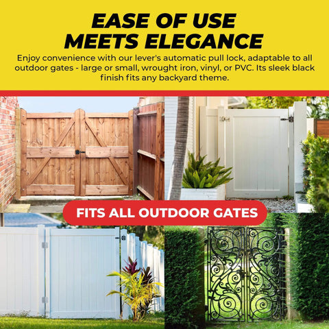 Self Locking Automatic Gravity Lever Fence Gate Latch, Steel, Black, installed on various outdoor gates, adaptable to wood, vinyl, metal.