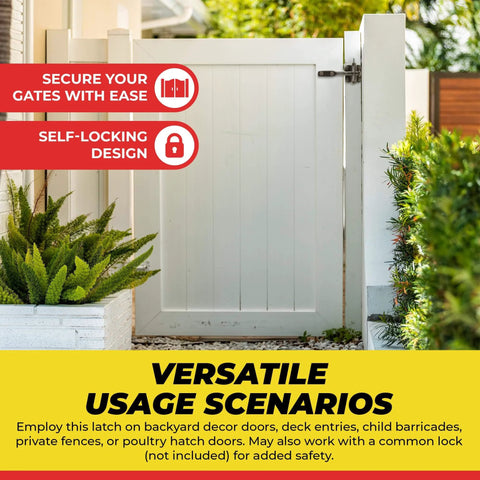 White fence with Self Locking Automatic Gravity Lever Fence Gate Latch, Steel, Black installed for secure closes