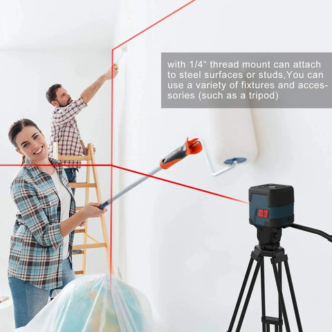 Self-leveling cross line laser projects bright red horizontal and vertical lines with 110° coverage and 360° rotation in a room setup.