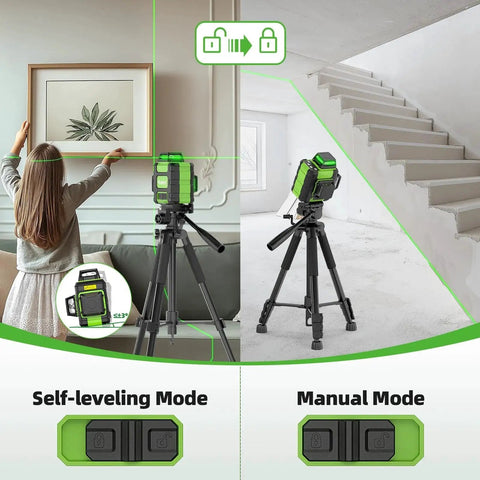 360 Degree Self Leveling Green Laser Level With Triple 360 Degree Cross Lines For Precise Room Layouts And Picture Hanging Rechargeable 4000mAh USB C Battery Magnetic Bracket And Hard Carry Case HM03CG in use for picture hanging and room leveling, showing self-leveling and manual modes on a tripod.