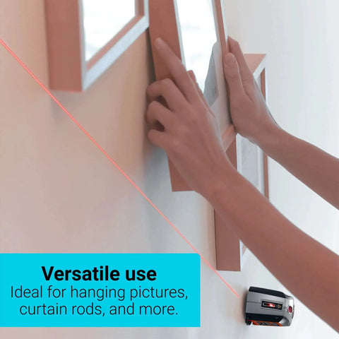 Effortlessly align pictures, shelves, and mirrors with this self-leveling 360-degree laser level and wall mount in use.