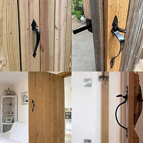 Self Locking Gate Latch Built Tough For Wooden Fences And Gates With 9 Inch Gate Handle in Black Finish, installed view.