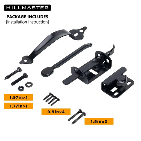 Self Locking Gate Latch Built Tough For Wooden Fences And Gates With 9 Inch Gate Handle, Black Finish, installation parts.