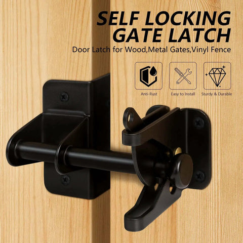 Self Locking Gate Latch For Wooden Fence And Metal Gates Heavy Duty Automatic Gravity Gate Lock in black installed on wooden gate