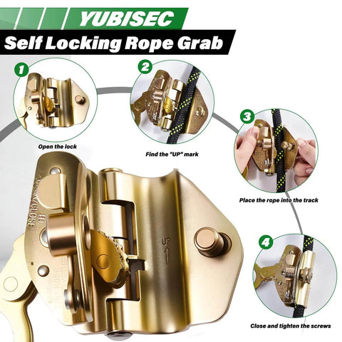 Close-up of self-locking rope grab used in Ultimate Vertical Lifeline Assembly 25 Foot Polyester Rope Harness Safety System