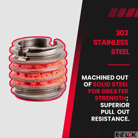 Self Locking Externally Threaded Insert For Metal Repair In 303 Stainless Steel 3/8-16 Internal Threads And 9/16-12 External Threads 0.515 Inch Length Easy Drill And Tap Install Made In USA Pack Of Five E-Z Lok close-up image.