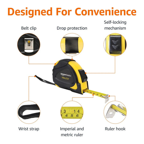 Self locking tape measure with belt clip offers precise 33 feet of measurement with MID accuracy, dual inch and metric scales