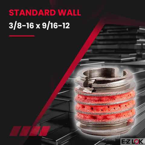 Self Locking Externally Threaded Insert For Metal Repair In 303 Stainless Steel 3/8-16 Internal Threads And 9/16-12 External Threads 0.515 Inch Length Easy Drill And Tap Install Made In USA Pack Of Five E-Z Lok, side view