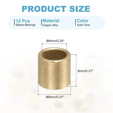 Self Lubricating Cast Brass Sleeve Bearings 6mm Bore x 8mm OD x 8mm Length Gold Tone Pack of 12 product size details