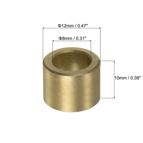 8mm Bore Sleeve Bearings 12mm OD 10mm Length Self Lubricating Sintered Bronze Bushings 8 Pack, front view with dimensions marked