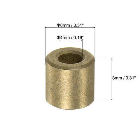 12 Pieces Sleeve Bearings 4mm Bore, 8mm Outer Diameter, 8mm Length, Self Lubricating Sintered Bronze Bushings, shown with measurements.