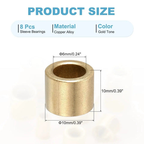 Self Lubricating Cast Brass Sleeve Bearings 6mm Bore 10mm OD 10mm Length Pack Of 8 Gold Tone with dimensions.