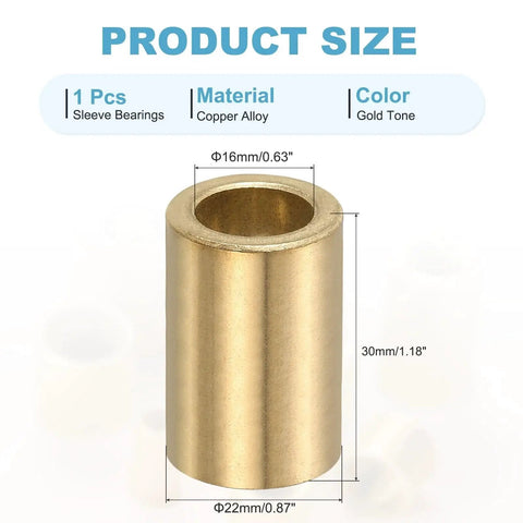 Self Lubricating Cast Brass Sleeve Bearing 16mm Bore 22mm Outer Diameter 30mm Length For Sliding Shafts Gold Tone Finish, copper alloy