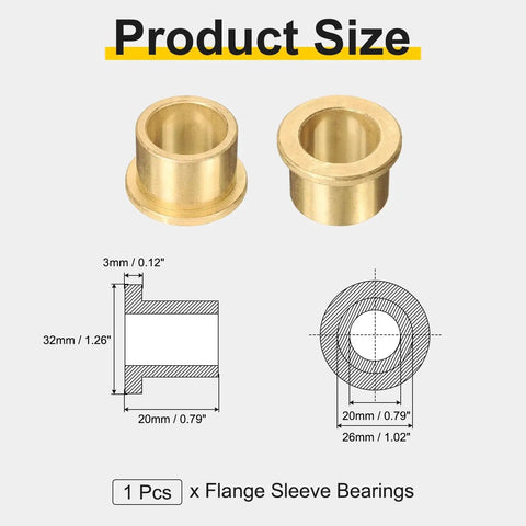 Flange Sleeve Bearing 20mm Bore 26mm Outer Diameter 20mm Length Self Lubricating Sintered Bronze Bushing Size Diagram