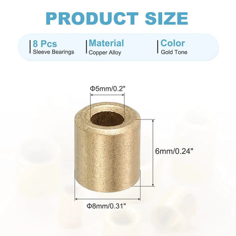 Self Lubricating Sleeve Bearings Cast Brass Bushing 5mm Bore 8mm OD 6mm Length for Sliding Movements in Machinery Gold Tone