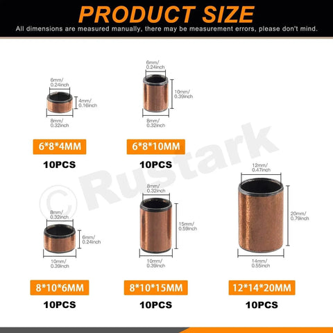 Diagram of 50Pcs Five Sizes Sleeve Bearings, Self Lubricating Plain Bearings, includes sizes 6x8x4mm, 6x8x10mm, 8x10x6mm, 8x10x15mm, 12x14x20mm