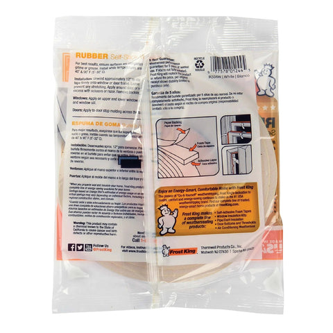 Back view of Frost King packaging for Self-Stick Rubber Foam Weatherseal, 3/8"W, 3/16"T, Black|Blacks with installation instructions.