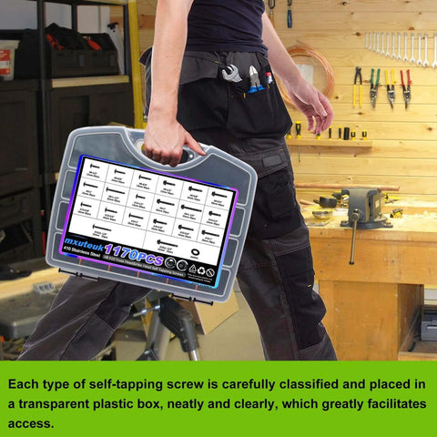 Person carrying mxuteuk 1170PCS #8#10 Self Tapping Screws kit in a workshop, featuring a plastic case with organized screws and washers.