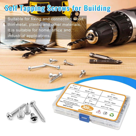 300 Pcs Stainless Steel Wood Screws Assortment Kit with 9 Sizes #4 #6 #8 #10 #12 Truss Head Self Tapping Screws with tools.