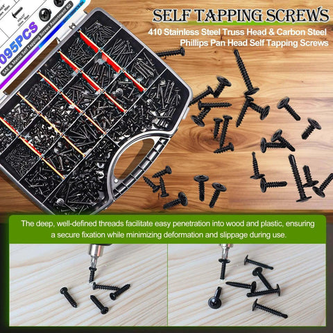 1095 Pcs Self Tapping Screws Assortment for Metal Wood and Plastic Including #8 #10 410 Stainless Steel Truss Head and M2 M3 M4 Carbon Steel Phillips Pan Head Screws in organizer