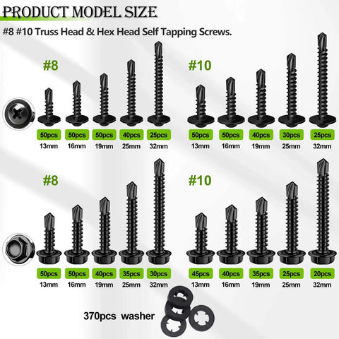 Chart showing ✝️ mxuteuk 1170PCS #8#10 Self Tapping Screws for Metal with sizes and quantities, including 370pcs washers.