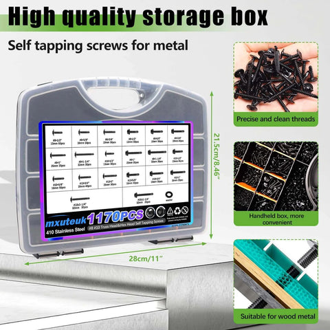 mxuteuk 1170PCS #8#10 Self Tapping Screws storage box showing labels and size, designed for metal applications with washers included