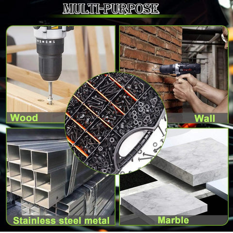 Mxuteuk 1170PCS #8#10 self tapping screws for metal shown in use for wood, wall, stainless steel, and marble applications