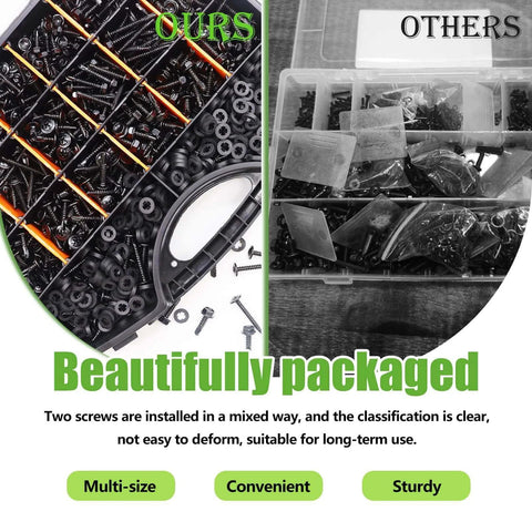 Comparison of mxuteuk 1170PCS #8#10 Self Tapping Screws packaging showing divided compartments versus mixed storage.