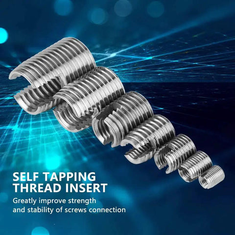 Stainless Steel Inner Thread Self Tapping Thread Inserts Set With Storage Case 50Pcs M3 M4 M5 M6 M8 M10 displayed on blue background