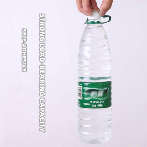 Plastic bottle demonstrating strong load-bearing capacity with self-adhesive feature shown in text.