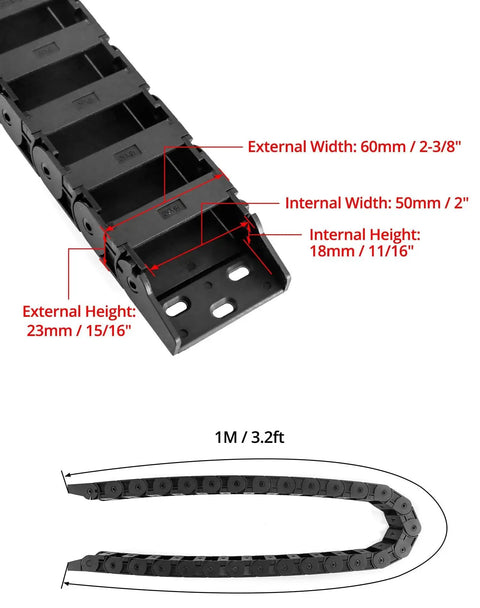 Semi Enclosed Cable Drag Chain Wire Carrier 2 Pack Reinforced Plastic 1 Meter Length Inner 18x50 mm Outer 23x58 mm Bend Radius 28 mm