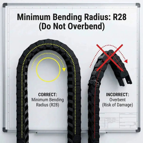 Correct and incorrect R28 bending of semi enclosed cable drag chain wire carrier with 1 meter length and inner 18x50 mm dimensions.