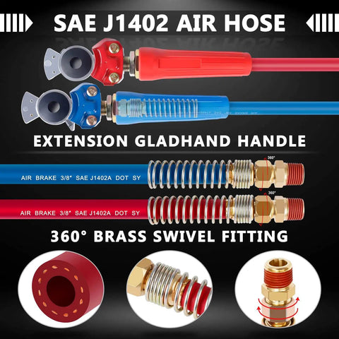 12 Ft 3 In ABS Power Air Line Hoses Kit For Semi Truck With Glad Hands Tender Spring Kit Stainless Clamps Rubber Seals 2 Glad Hands 3 In 1 Air Line System For Tractor Trailer Ready To Roll, showcasing extension gladhand handle and brass swivel fitting.