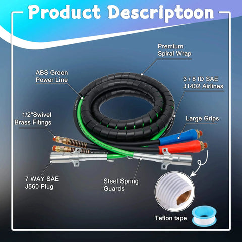12 Ft 3 In 1 Semi Truck Air Lines Kit With 7 Way ABS Electric Power Cord And Two 20 Inch Tender Springs, shown coiled with fittings