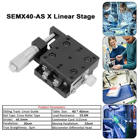 SEMX40-AS X Micrometer Linear Stage, 40×40mm manual tuning for CNC axis motion, anti-backlash setup, smoother travel under load