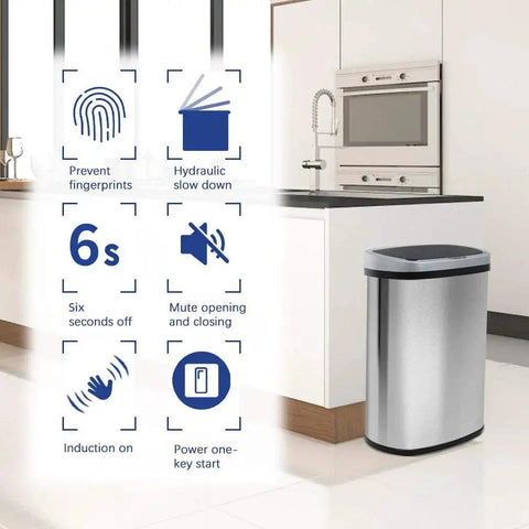 13 Gallon Sensor Trash Can With Lid Automatic Touchless Garbage Can Odor Control Modern Oval Design in kitchen setting