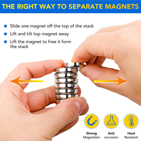Hands separating stack of Heavy Duty Neodymium Cup Magnets 60 Lbs Holding Power With Countersunk Holes And Stainless Screws 0.98 Inch.