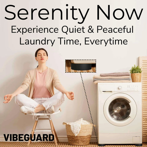 Woman meditating near a washing machine with Vibeguard laundry product promoting quiet laundry time