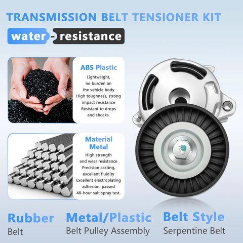 Beefed Up Serpentine Belt Tensioner Assembly With Pulley Replacement For Forester Impreza BRZ Outback Crosstrek WRX XV Crosstrek And Legacy Models From 2011 Through 2019 OEM 39359, showing belt and pulley materials.