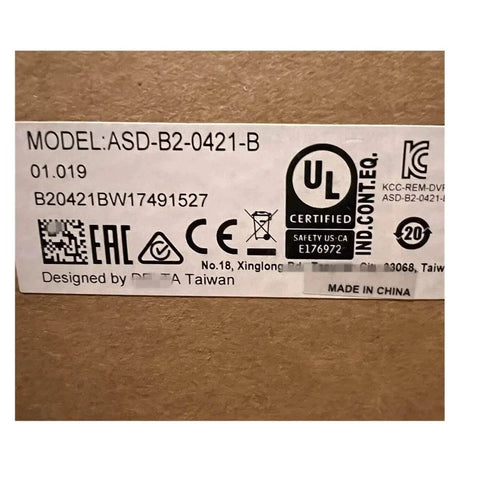 Label on boxed Servo Drive 400W ASD-B2-0421-B Sealed in Box 1 Year Warranty Fast, showing model and certification details.