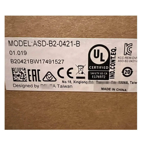 Label on Servo Drive 400W ASD-B2-0421-B Sealed in Box 1 Year Warranty Fast showing model details and certifications