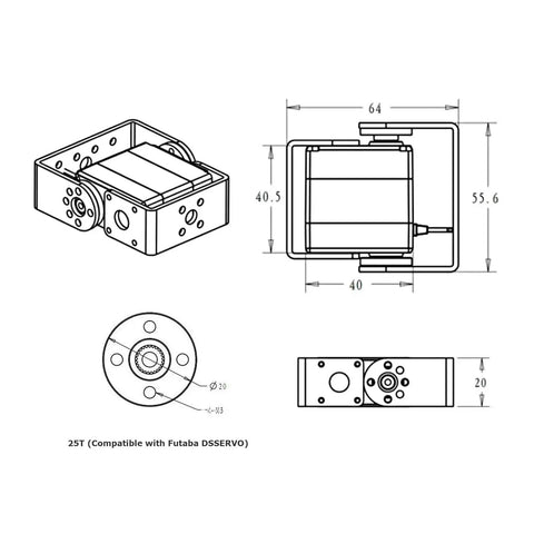 Technical diagram of 25 Kg High Torque Full Metal Gear Digital Servo Motor for robotic arms with dimensions and mount brackets.
