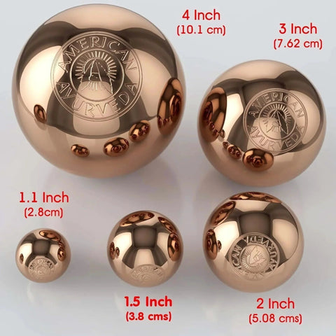Five copper balls of varying sizes, including the highlighted 1.1 inches Copper Ball, reflecting a shiny surface for meditation energy use.