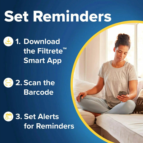 Woman using phone for setting reminders with Filtrete Smart App instructions on screen.