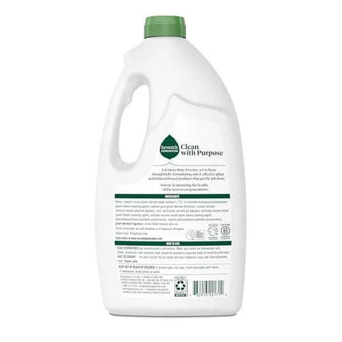 Back view of Seventh Generation Dishwasher Detergent Liquid Gel, Powers Away Stuck-On Food, Lemon Scent, 42 Oz bottle with label.