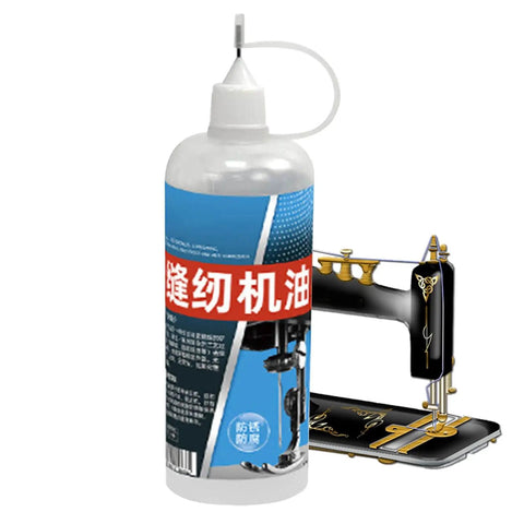 Sewing Machine Oil And High Temperature Lubricant For Precision Machines bottle beside a sewing machine