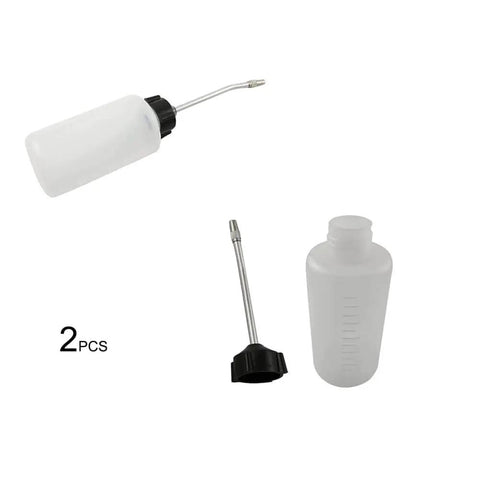 Sewing Machine Oil Dispenser 120ml Two Pack With Screw On Cap Extended Spout Angled Nozzle For Reaching Narrow Gears And Tight Crevices In DIY Craft Lubrication, showing two oil bottles with detachable nozzles and caps.