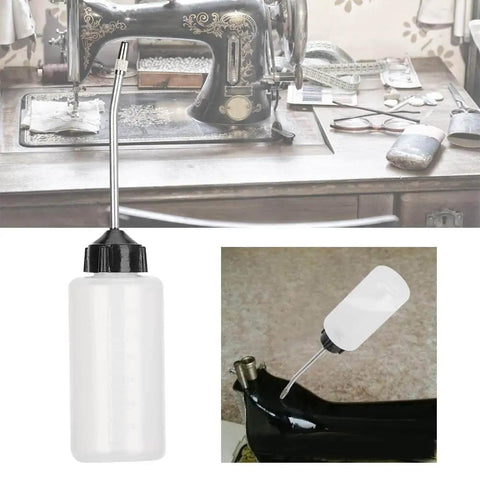 Sewing Machine Oil Dispenser 120ml two-pack with angled nozzle, screw cap, used for precise lubrication in tight crevices on a sewing machine.
