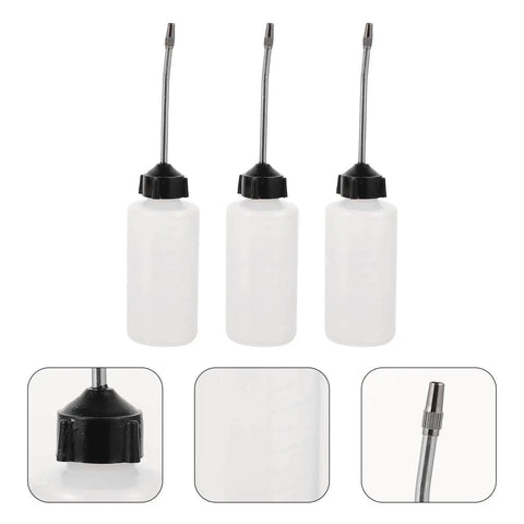 Three Piece Sewing Machine Oil Can Set With Iron Spout And Cap For Precise Lubrication on sewing machines and engines, includes close-ups.