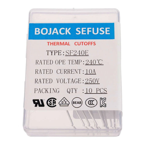 SF240E 10A 250V Thermal Fuses Pack of 10 240 Degrees Celsius for Electronics and Appliances, clear packaging with labels